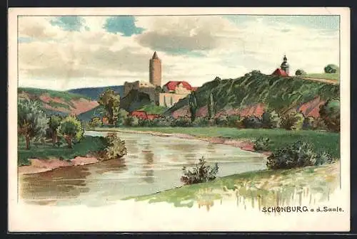 Lithographie Schönburg a. d. Saale, Flusspartie mit Blick zur Burg