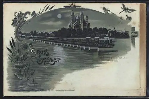 Mondschein-Lithographie Speyer, Schiffsbrücke von der badischen Grenze aus