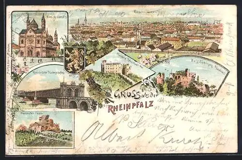 Lithographie Ludwigshafen / Rhein, Rheinbrücke, Maxburg, Drachenfels, Burg Sickingen