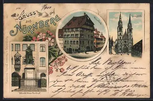 Lithographie Nürnberg, Dürerhaus, Lorenzkirche und Albrecht Dürer-Denkmal