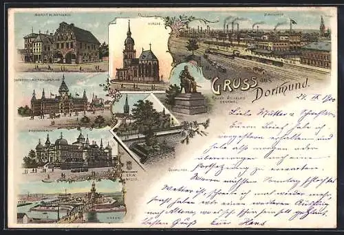 Lithographie Dortmund, Bahnhof, Kronenburg-Garten, Oberpostdirectionsgebäude