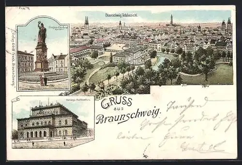 Lithographie Braunschweig, Totalansicht, Sieges-Denkmal, Herzogl. Hoftheater