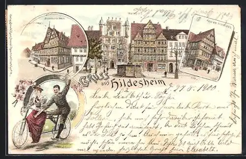 Lithographie Hildesheim, Altdeutsches Haus, Marktplatz, Haus am Andreasplatz