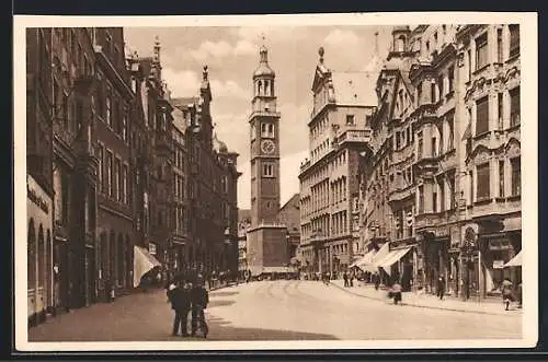 AK Augsburg, Perlachturm, Strassenpartie, Ganzsache WHW Winterhilfswerk 1934-35