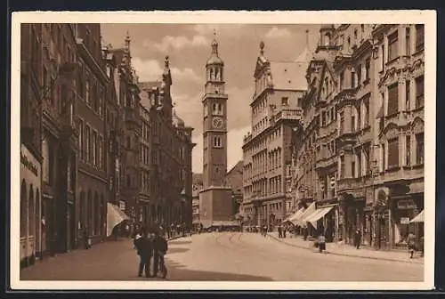 AK Augsburg, Perlachturm mit Strassenpartie, Ganzsache WHW Winterhilfswerk 1934-35