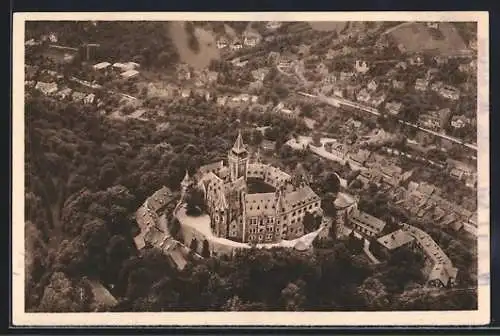 AK Wernigerode, Fliegeraufnahme mit Schloss, Ganzsache WHW Winterhilfswerk 1934 /35