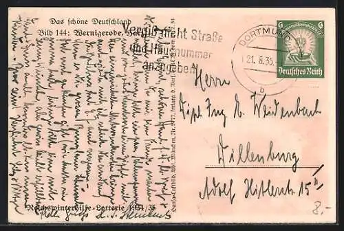 AK Wernigerode, Fliegeraufnahme mit Schloss, Ganzsache WHW Winterhilfswerk 1934 /35