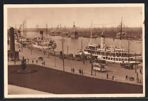 AK Stettin, Dampfschiffbollwerk mit Strassenbahn, Ganzsache WHW Winterhilfswerk 1934-35