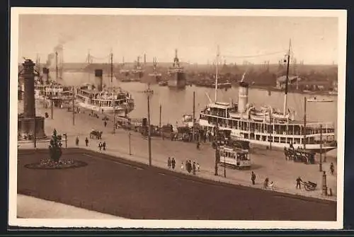 AK Stettin, Dampfschiffbollwerk mit Passanten, Ganzsache WHW Winterhilfswerk 1934 /35