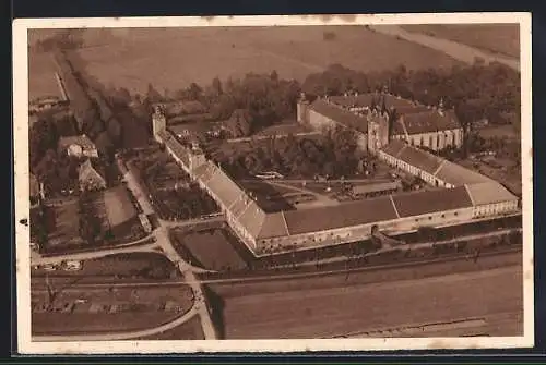 AK Korvey /Weser, Schloss vom Flugzeug aus, Ganzsache WHW Winterhilfswerk 1934/35