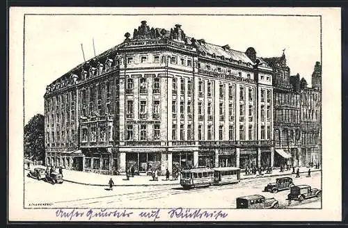 Künstler-AK Dresden, Grand Hotel Deutscher Hof mit Strasse, Strassenbahn