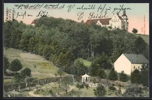 AK Rosswein, Schloss Wettinhöhe mit Umgebung, mit Garten u. Pavillon