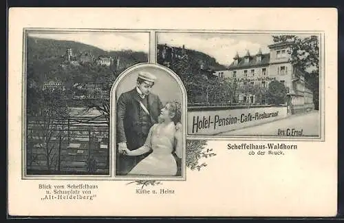 AK Heidelberg / Neckar, Hotel-Cafe-Restaurant Scheffelhaus-Waldhorn ob der Bruck, Blick vom Scheffelhaus, Käthe u. Heinz