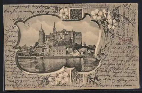 AK Meissen / Elbe, Stadtpanorama vom Wasser aus, im Rahmen, Blumen