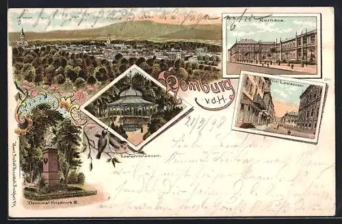 Lithographie Homburg v. d. H., Untere Louisenstrasse, Kurhaus, Totalansicht