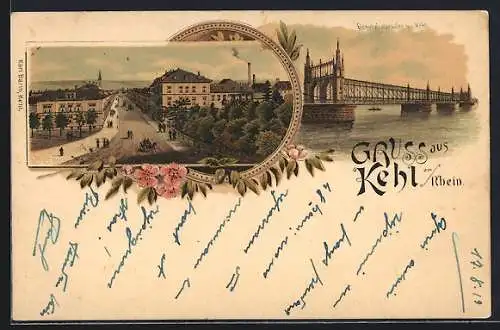 Lithographie Kehl, Rheinbrücke, Blick in eine Strasse