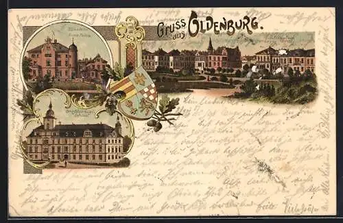 Lithographie Oldenburg / O., Grossherzogl. Schloss, Elisabeth-Anna-Palais, Cäcilienplatz, Wappen