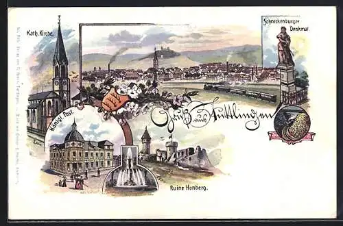 Lithographie Tuttlingen, Totalansicht mit Kgl. Post, Schneckenburger Denkmal und Kirche