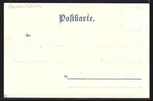 Lithographie Tuttlingen, Totalansicht mit Kgl. Post, Schneckenburger Denkmal und Kirche