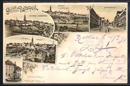Lithographie Rottweil, Teilansicht u. Viaduct, Marktbrunnen, Hauptstrasse
