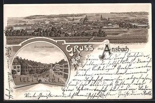 Lithographie Ansbach, Steinerne Promenade, Totalansicht mit Umgebung