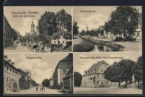 AK Appenweier / Baden, Strassenpartie, Gasthaus zum Adler mit Kriegerdenkmal, Partie an der Kirche