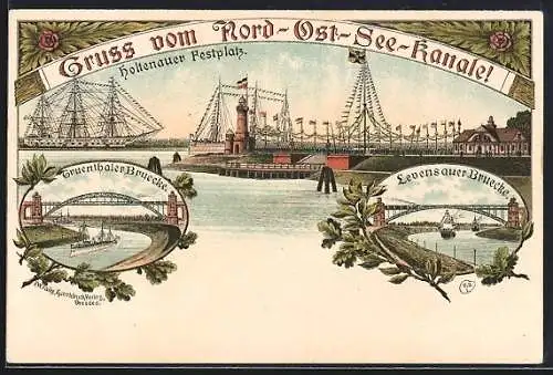 Lithographie Holtenau, Holtenauer Festplatz mit Schiff, Greunthaler Bruecke, Levensauer Bruecke
