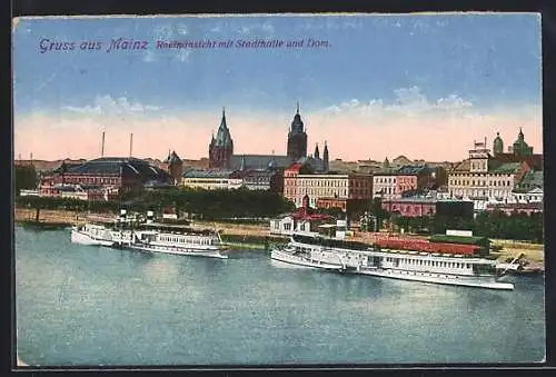 AK Mainz, Rheinansicht mit Stadthalle und Dom