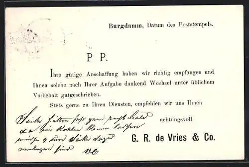 AK Burgdamm, Geschäftskarte der Firma G. R. de Vries & Co.