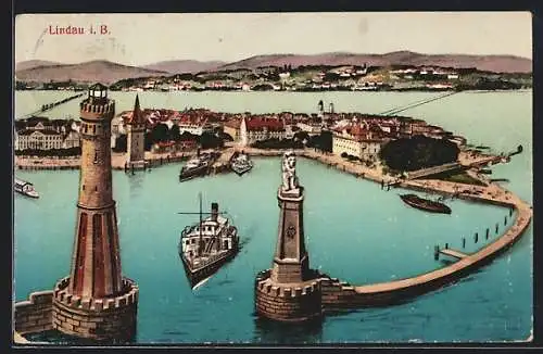 AK Lindau i. B., Hafeneinfahrt und Leuchtturm