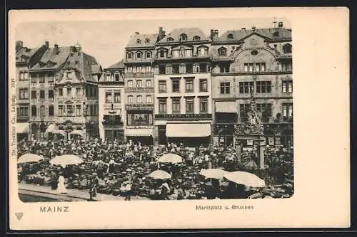 AK Mainz, Marktplatz u. Brunnen