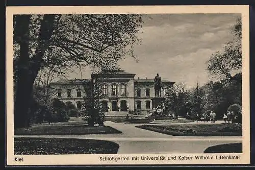 AK Kiel, Schlossgarten mit Universität und Kaiser Wilhelm I.-Denkmal