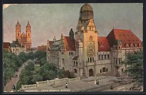 Künstler-AK Magdeburg, Kaiser Friedrich Museum mit Denkmal