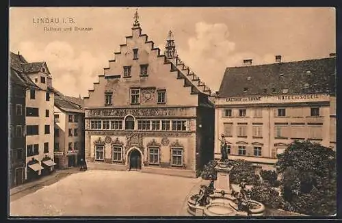 AK Lindau / Bodensee, Rathaus und Brunnen, Gasthof zur Sonne