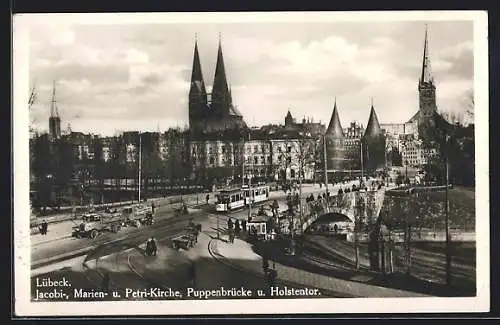 AK Lübeck, Jacobi-, Marien- u. Petri-Kirche, Puppenbrücke u. Holstentor