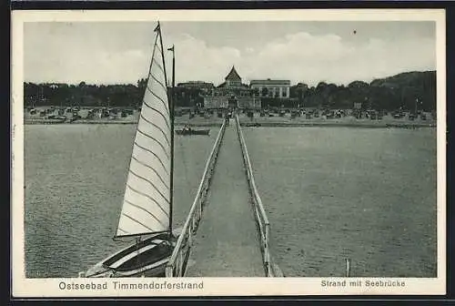 AK Timmendorferstrand /Ostsee, Strand mit Seebrücke und Segelboot