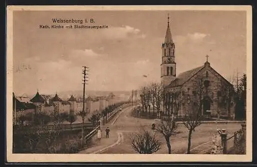 AK Weissenburg i. B., Kath. Kirche mit Stadtmauerpartie