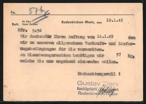 AK Köln-Rodenkirchen, Beschlägefabrik Gustav Ziehl, Auftragsbestätigung