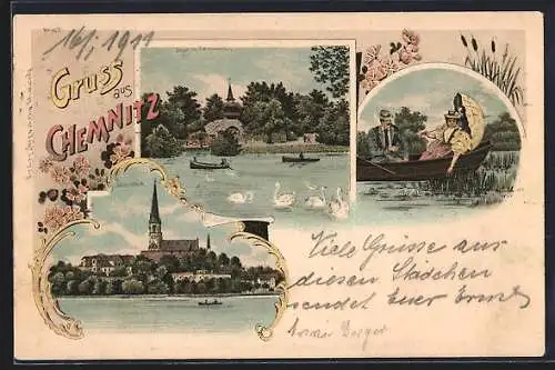 Lithographie Chemnitz / Sachsen, Insel mit Taubenhaus, Scchlossteich, Paar im Boot