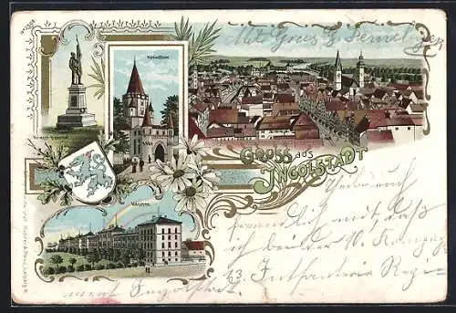 Lithographie Ingolstadt, Kaserne, Kreuzthor, Kriegerdenkmal, Gesamtansicht