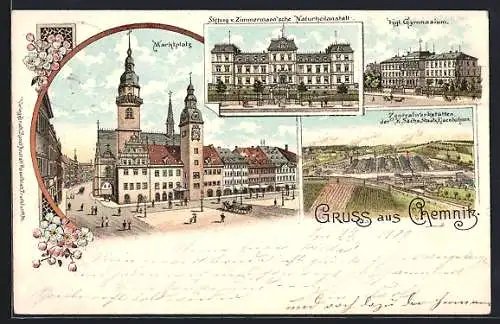 Lithographie Chemnitz, Marktplatz, Kgl. Gymnasium, Stiftung v. Zimmermann`sche Naturheilanstalt