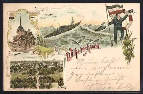 Lithographie Wilhelmshaven, das Rathaus, Adalbertstrasse, Torpedos