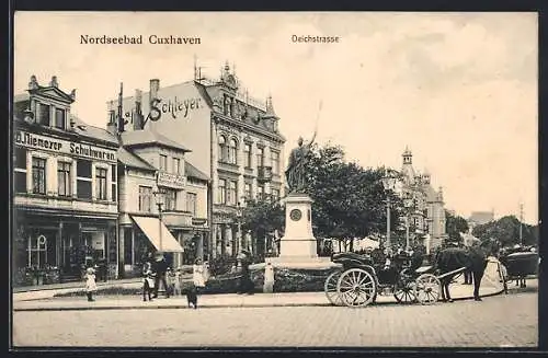 AK Cuxhaven / Nordseebad, Deichstrasse mit Schuhwarengeschäft und Denkmal