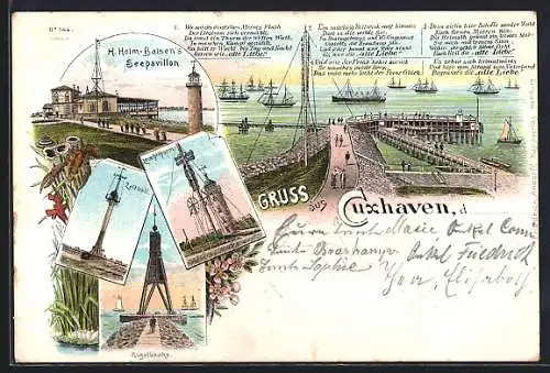 Lithographie Cuxhaven, Gasthaus Seepavillon H. Holm-Balsen, Leuchtthurm, Zeitball, Hafen