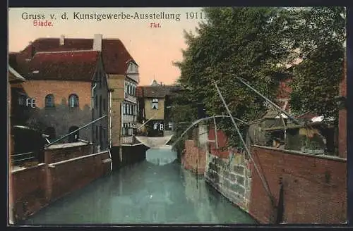 AK Stade, Kunstgewerbe-Ausstellung 1911, Flet mit Wohnhäusern