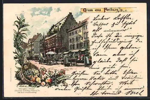 Lithographie Freiburg i. B., Kaufhaus und Marktstände, Obstkorb