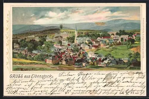 Lithographie Eibenstock, Panoramablick auf die Ortschaft