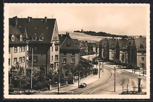 AK Zwickau i. Sa., Gasthof zur Tanne in der Karl Keilstrasse mit Blick zum Windberg