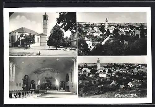 AK Nikitsch /Bgld., Kirche, Aussen- und Innenansicht, Panorama