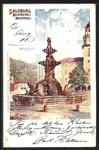 Lithographie Salzburg, Partie am Residenzbrunnen